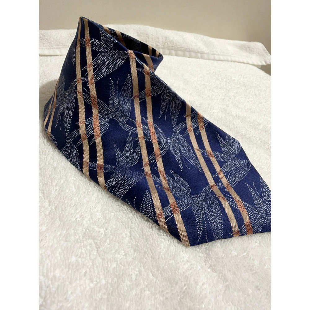 Tommy Bahama Mens Silk Tie Navy Blue Tan Striped Tropical Palm Leaf Made in USA